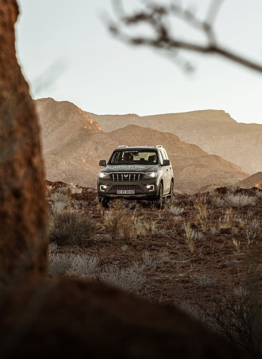 Mahindra Scorpio-N driving through the rocky Damaraland landscape