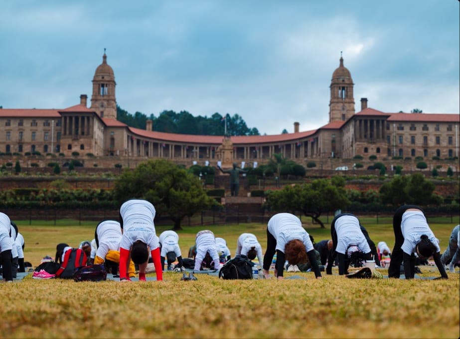 Yoga participants gathered on the lawns of the Union Buildings in Pretoria
