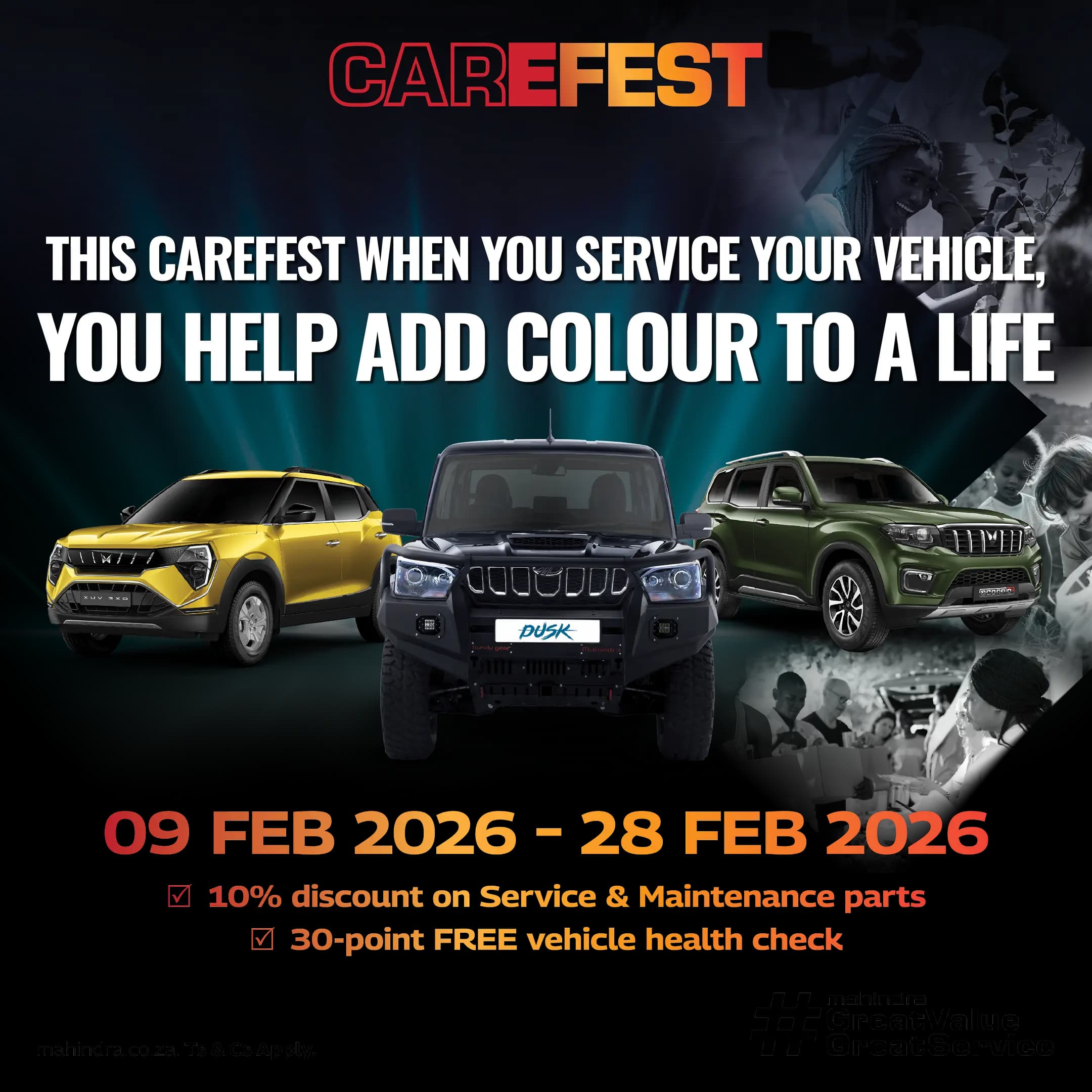 Mahindra Carefest — when you service your vehicle, you help add colour to a life