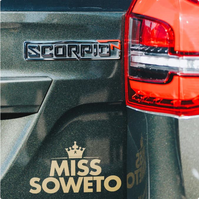 Scorpio-N badge and Miss Soweto branding on a Mahindra vehicle