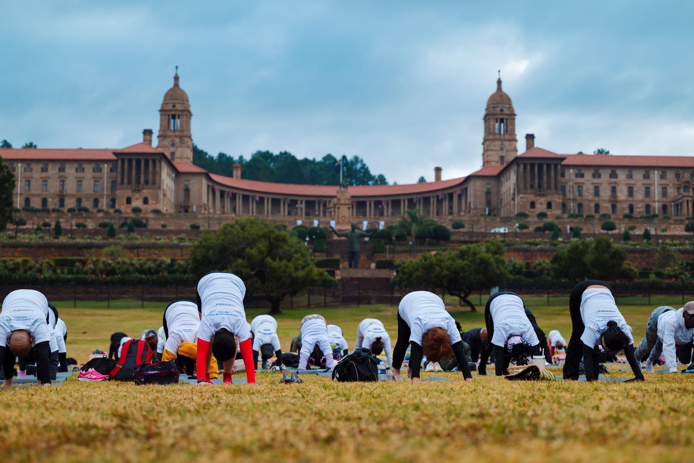 Participants in downward dog on the lawns of the Union Buildings during International Yoga Day